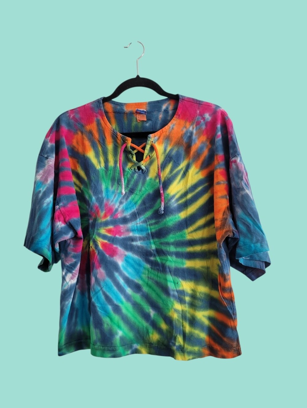 L.A. Gymmees Tie Dye Oversized Boxy Workout Shirt AOP Size Large Distressed